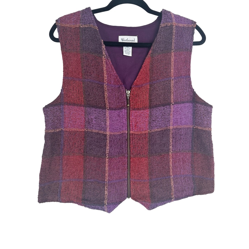 Westbound Womens Large Purple Red Plaid Woven Vest Cottagecore Academia Grandma